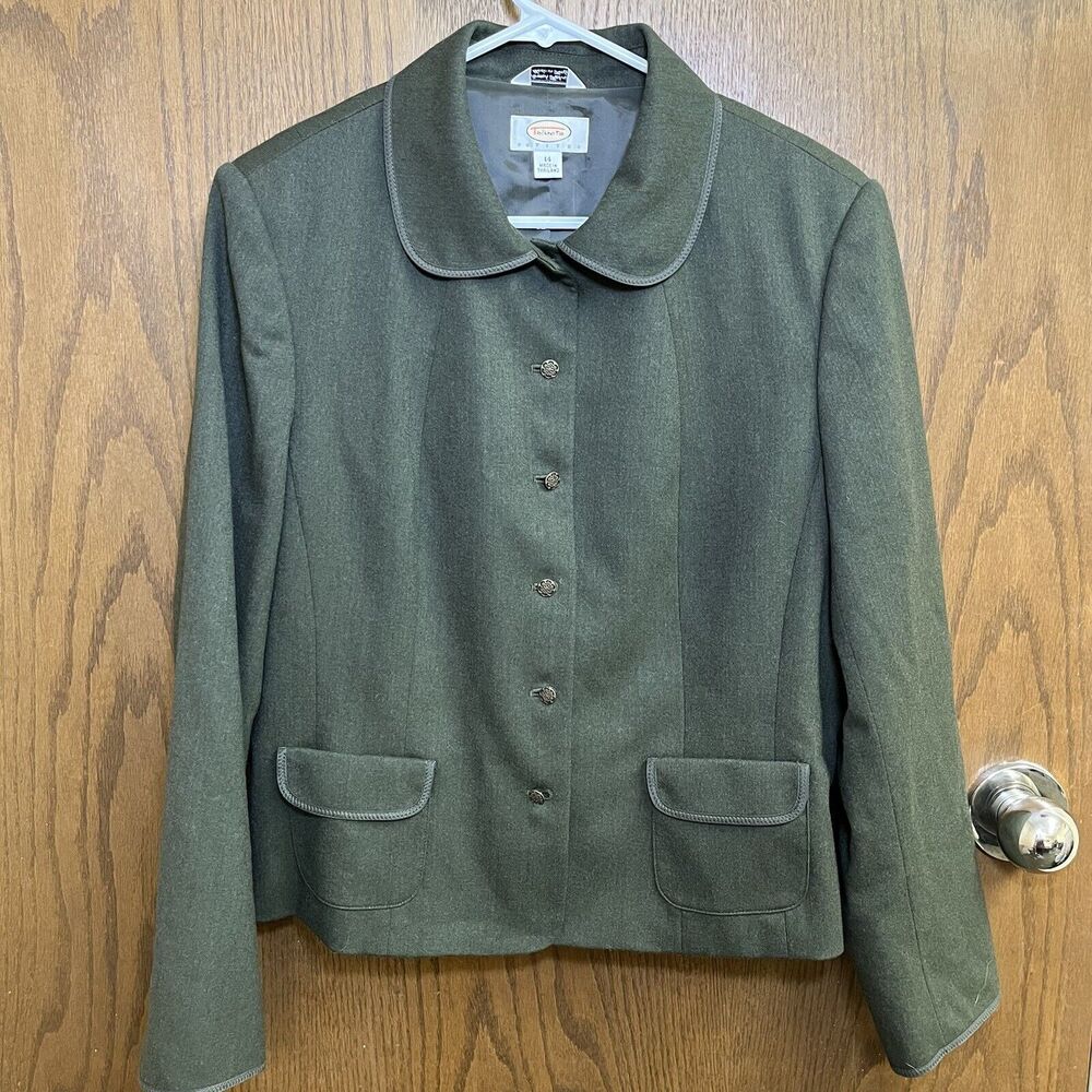 Talbots Olive Green Round Collar Wool Blend Blazer Women Size 14 Petite EUC